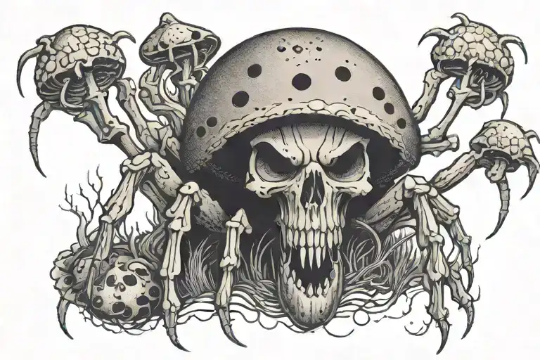 a spider with a body shaped like a mushroom with a skull face and fangs and mushrooms tattoo design idea