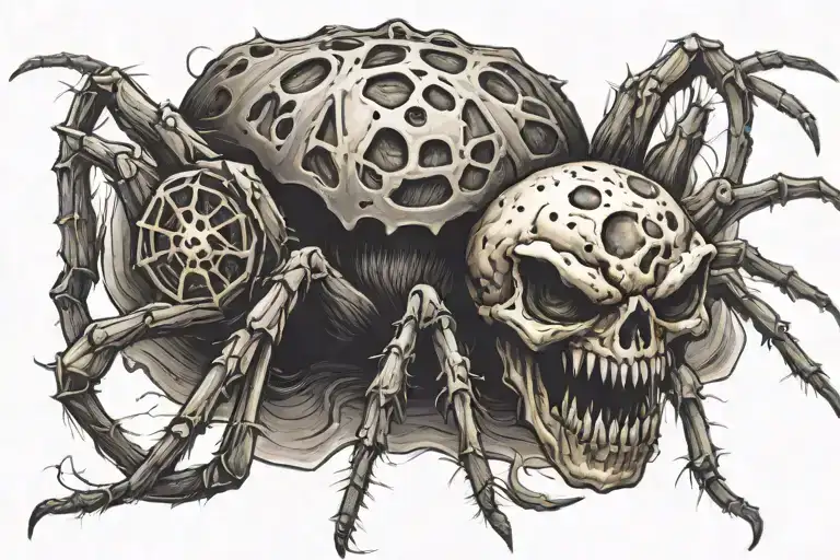 a spider with a body shaped like a mushroom with a skull face and fangs tattoo design idea