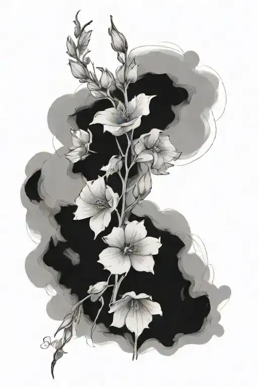 flower spine tattoo of a larkspur with a quote on the stem saying "this to shall pass" tattoo design idea