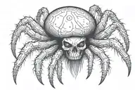 a spider with a body shaped like a mushroom with a skull face and fangs tattoo design idea