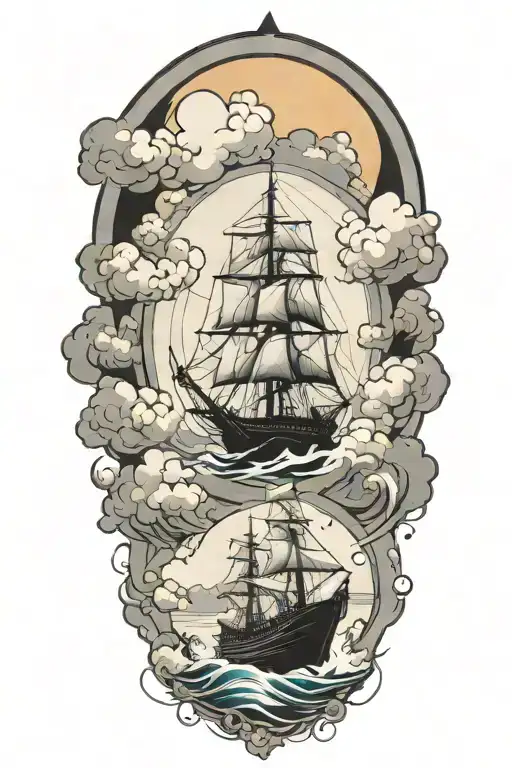 cloud storm, ship, compass tattoo design idea