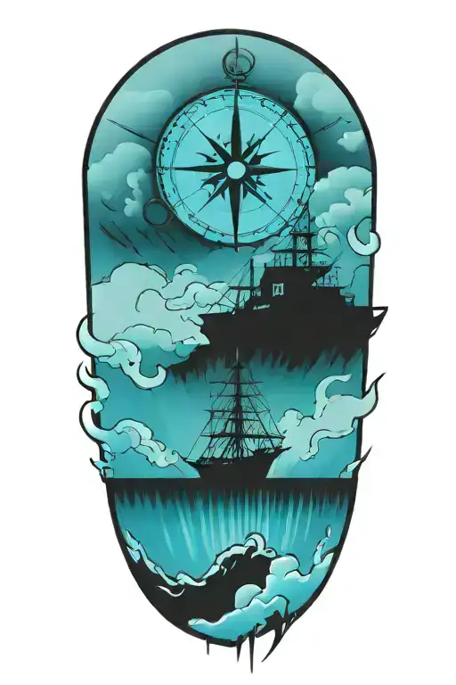 cloud storm, ship, compass tattoo design idea