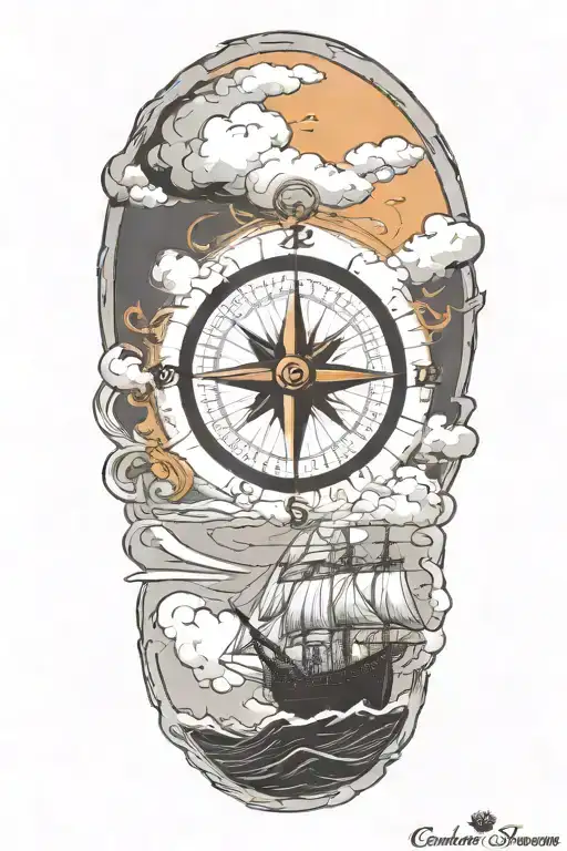 cloud storm, ship, compass tattoo design idea