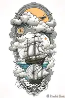 cloud storm, ship, compass tattoo design idea