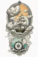cloud storm, ship, compass tattoo design idea