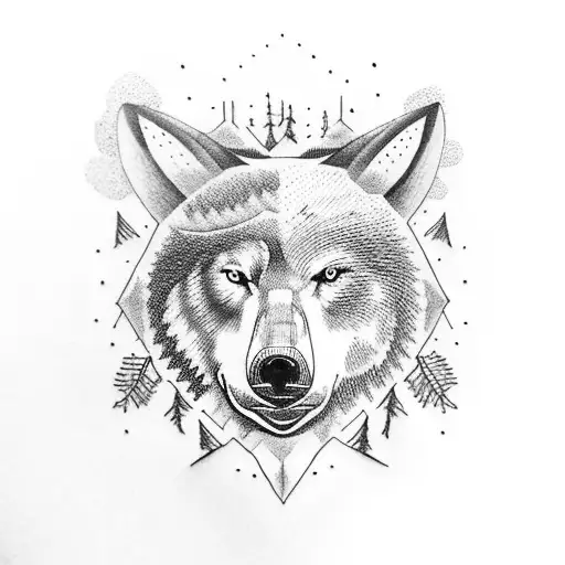 sleeve tattoo with a bear in the forest, a buck in a pasture and a wolf on a rock tattoo design idea