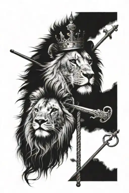 Half lion and lamb face with a rod and staff and crown tattoo design idea