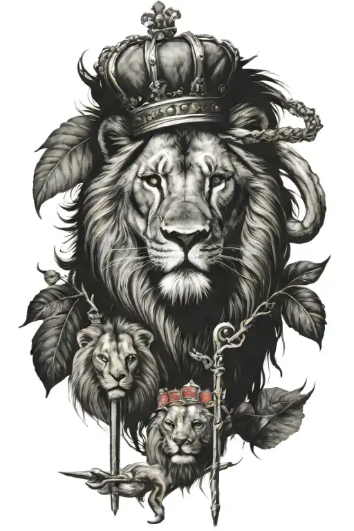 Lion and lanb rod and staff beside them and a crown on there head  tattoo design idea