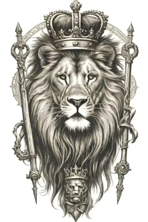 Lion and lanb rod and staff beside them and a crown on there head  tattoo design idea
