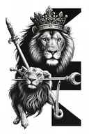 Half lion and lamb face with a rod and staff and crown tattoo design idea