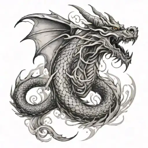 black and white dragon in s shape with smoke out of his nose  tattoo design idea