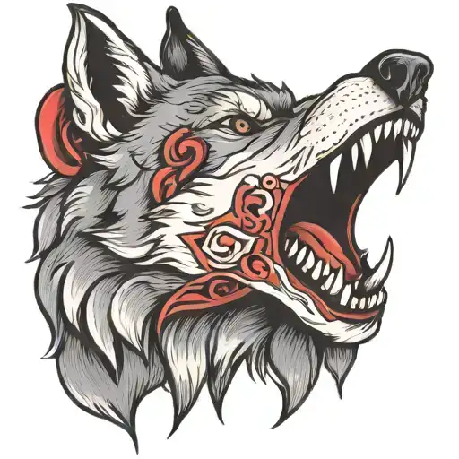 wolf with heart in mouth open tattoo design idea