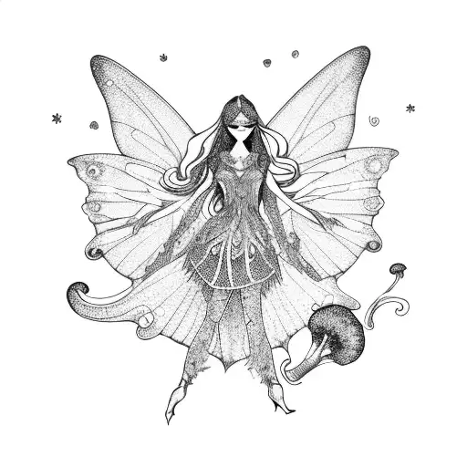 fairy with mushrooms and crystals  tattoo design idea