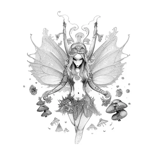 fairy with mushrooms and crystals  tattoo design idea