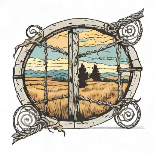 looking out of a window  with bars to see barbed wire fence in background  with beautiful scenery  tattoo design idea