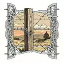 looking out of a window  with bars to see barbed wire fence in background  with beautiful scenery  tattoo design idea