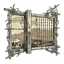 looking out of a window  with bars to see barbed wire fence in background  with beautiful scenery  tattoo design idea