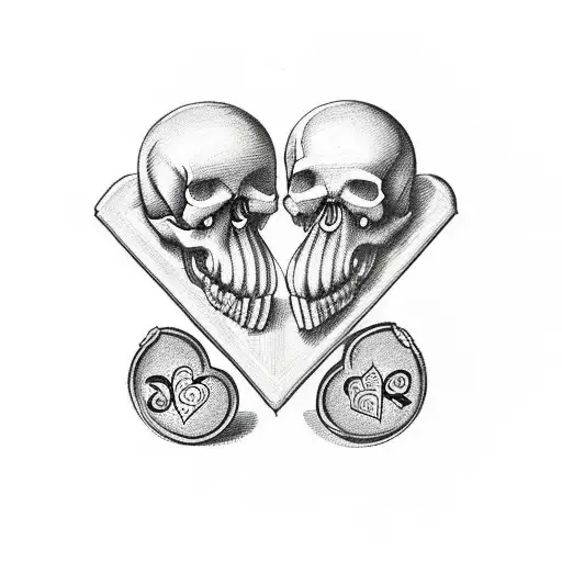 a card of a three of hearts with a skull inside, the skull must be coming out slightly from the card giving a 3d effect  tattoo design idea