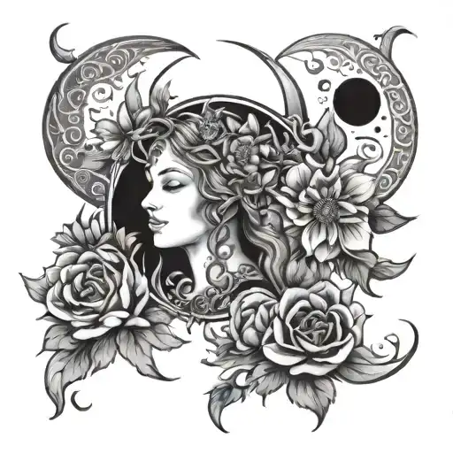 triple moon goddess and flowers represent your love tattoo design idea