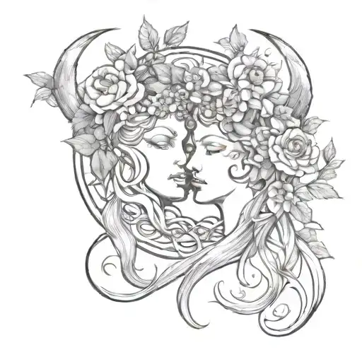 triple moon goddess and flowers intertwined tattoo design idea