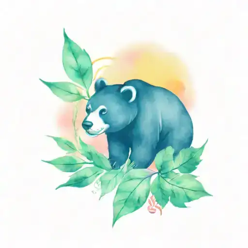Sunbear in the foreground with leaves around in the background a Asian temple with a sun and yellow and pink sunset  tattoo design idea