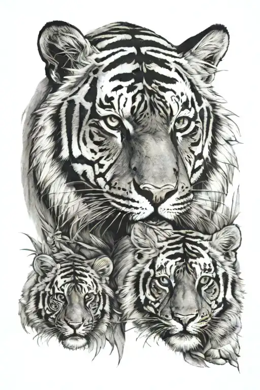 Tiger with female Tiger and cub surrounded tattoo design idea
