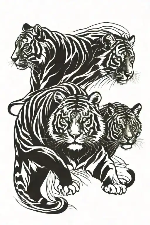 Male and female Tiger with cub and eucalptus tattoo design idea