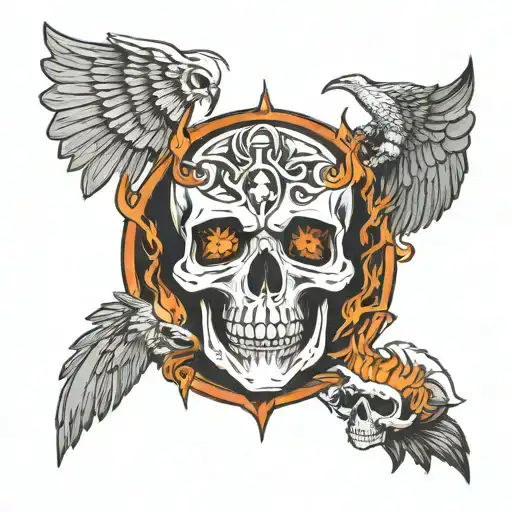 a skull with wings engulfed in flames. with a Ouroboros going in the eye sockets. tattoo design idea
