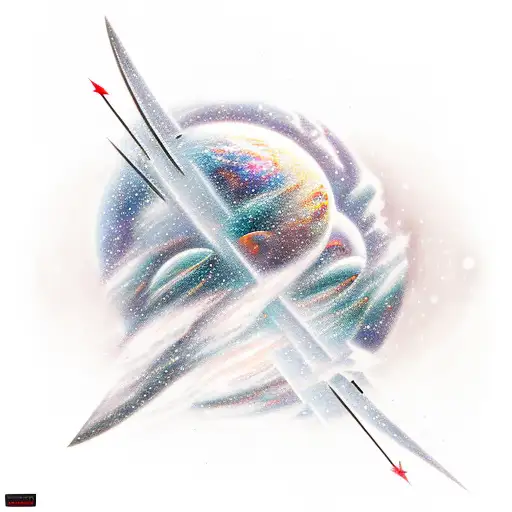 snowboarder carving through a galaxy of stars and moons and mountains tattoo design idea