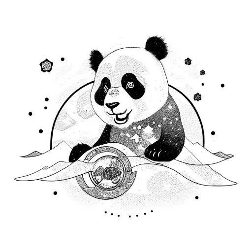 panda bear snowboarding through outer space with stars and moons tattoo design idea