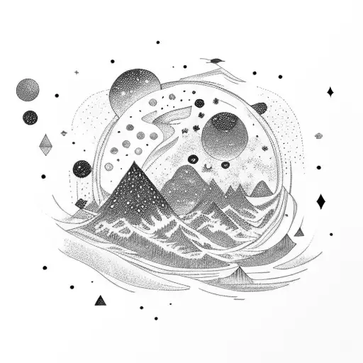 snowboarder carving through a galaxy of stars and moons and mountains tattoo design idea