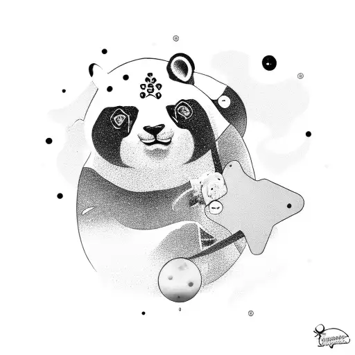 panda bear snowboarding through outer space with stars and moons tattoo design idea