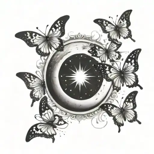 beautiful crescent moon phases with pointy style butterflies  tattoo design idea
