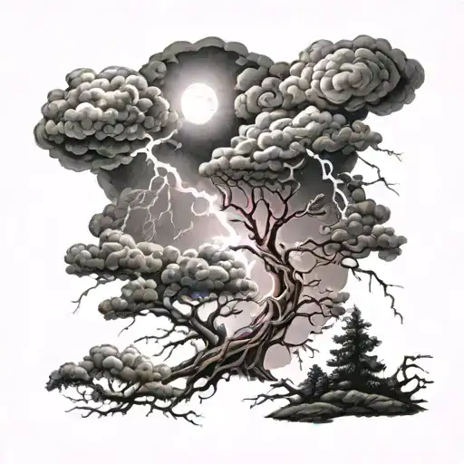 Dark Clouds, Storm, Lightning, Thunder, Tree tattoo design idea