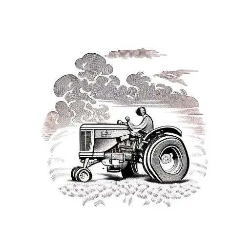 A traditional-style tattoo depicting a vintage tractor driving through a field of corn, with the farmer's family waving from the background tattoo design idea