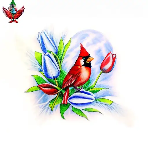 red Cardinal wearing a Santa hat amidst blue tulips tattoo design idea