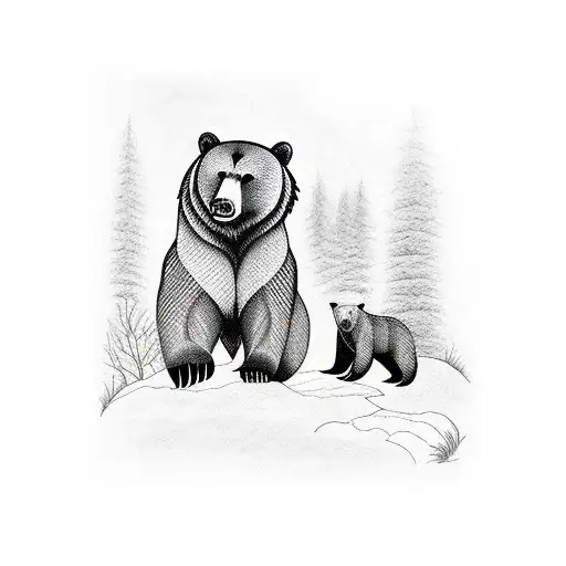 bear and 4 cubs in the woods tattoo design idea