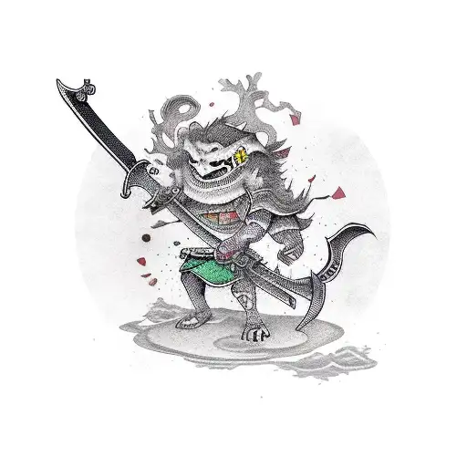 A lawyer-themed video game character battling with a sword made of words tattoo design idea