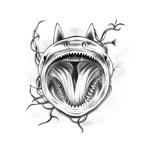 Shark jaw skull with vines around it tattoo design idea