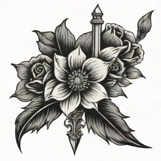 black and white flowers with dagger simple tattoo design idea