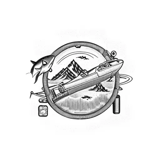 A vintage travel suitcase adorned with fishing lures and a mountain range tattoo design idea