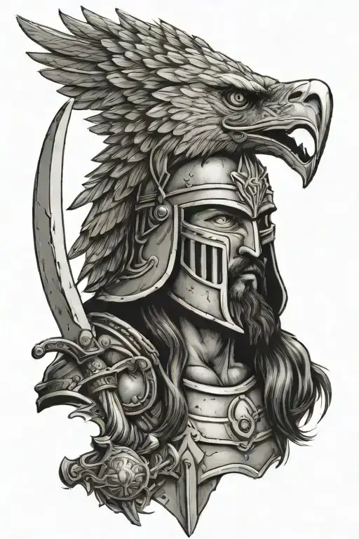 immortal, eternal and faithful warrior with rome solder helmet, beard, eagle behind him and fox face armor, with trident tattoo design idea