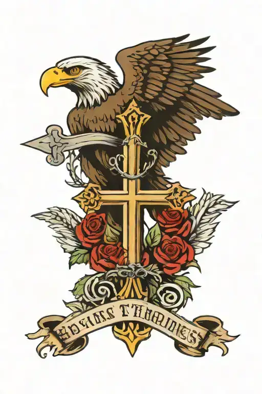 cross with a crown of thorns. eagle wings behind the cross and the words in a scroll soar on wings of eagles bible verse tattoo design idea