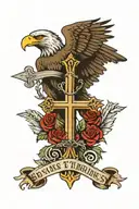 cross with a crown of thorns. eagle wings behind the cross and the words in a scroll soar on wings of eagles bible verse tattoo design idea