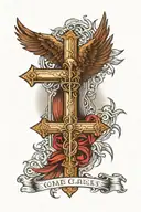 cross with a crown of thorns. eagle wings behind the cross and the words in a scroll soar on wings of eagles bible verse tattoo design idea