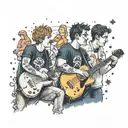 A whimsical design featuring characters from Friends enjoying a concert by Ed Sheeran in a Paris Saint-Germain jersey tattoo design idea