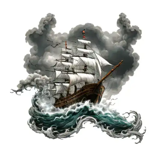 pirate ship sailing through stormy tattoo design idea