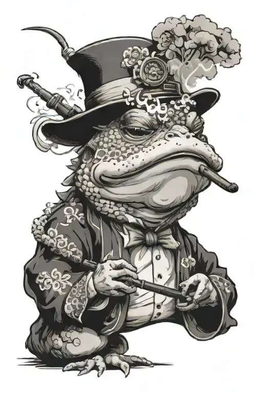 Japanese toad, with a smoking pipe with gray smoke coming out of it, must have some symbols covering its body tattoo design idea