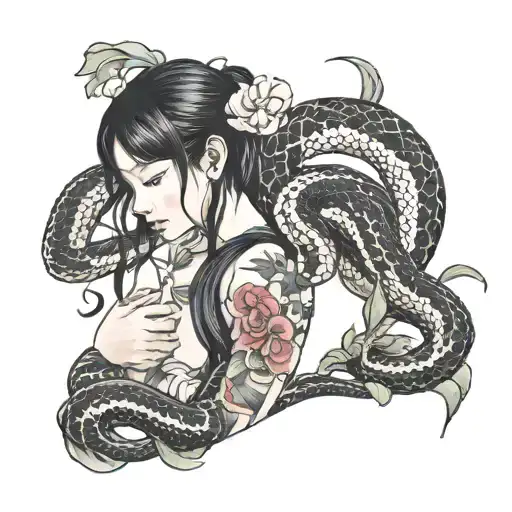 Japanese girl, nude, black snake, realistic manga style tattoo design idea