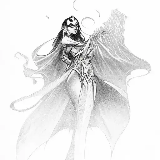  design that portrays Liliana Vess from Magic: The Gathering as a sinister and malevolent character. Emphasize her dark  tattoo design idea